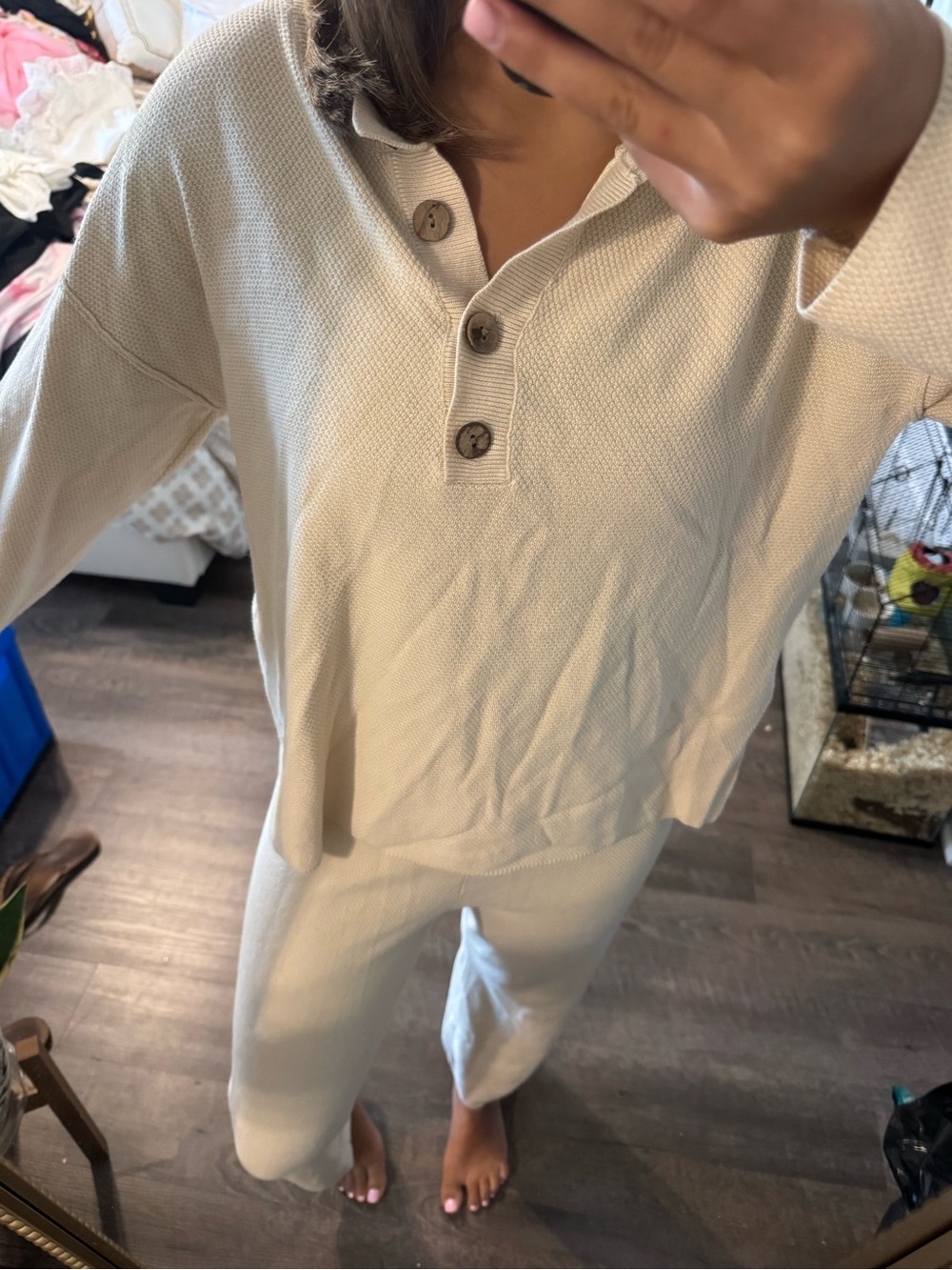 Amazon Women's Cream Waffle Knit Pajama Set with Button Henley